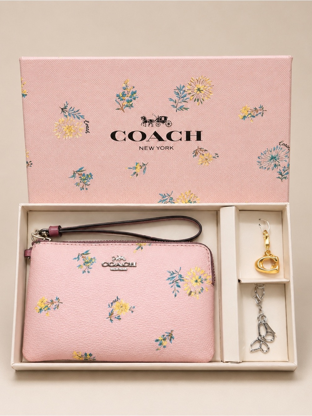Coach Pink Floral Wristlet Gift Set with Charm